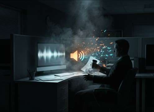 Office scene where an email alert interrupts a conversation