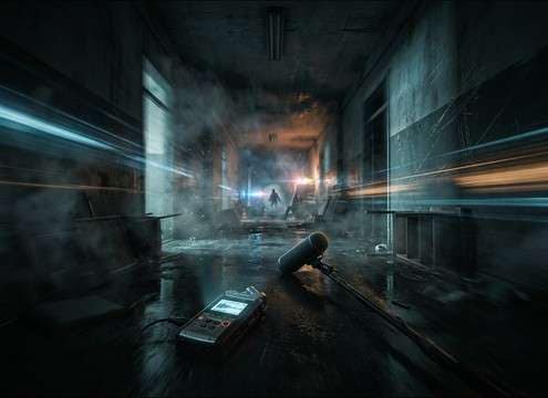 Horror hallway chase sequence with zombie foot-drag and moans