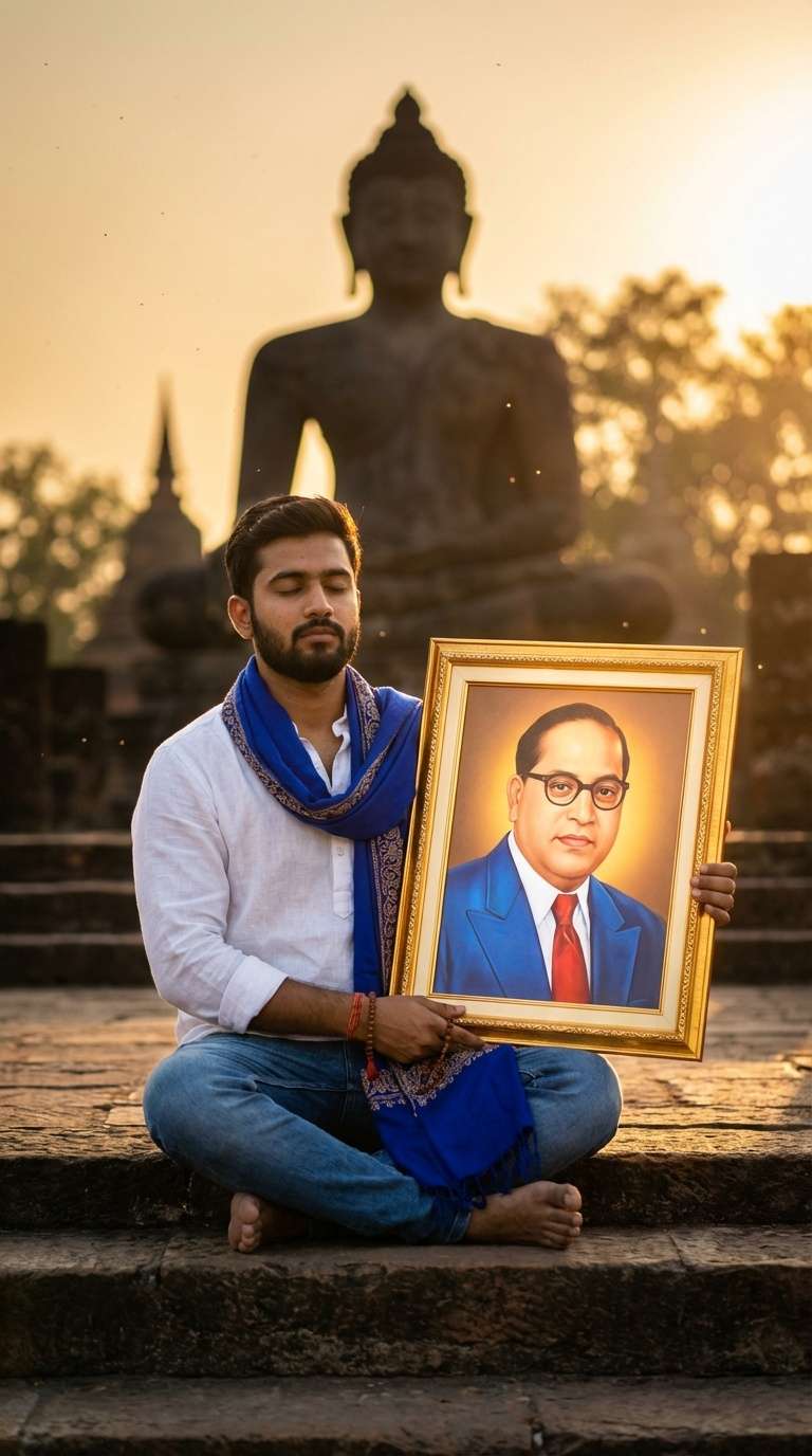 babasaheb ambedkar ai photo buddha silhouette spiritual scene blue shawl