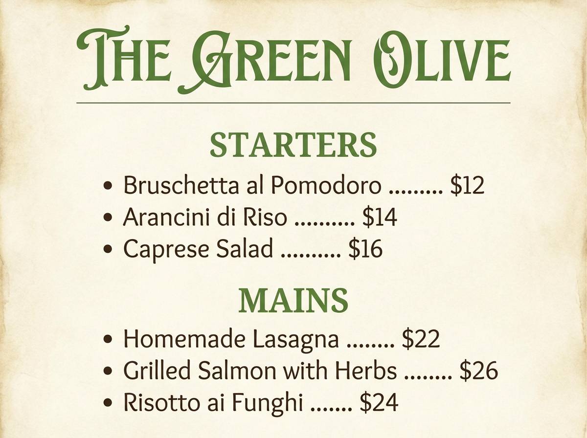 restaurant menu earthy colors