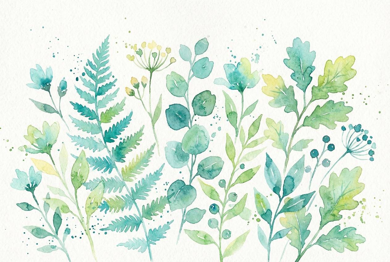 botanical aqua watercolor leaves
