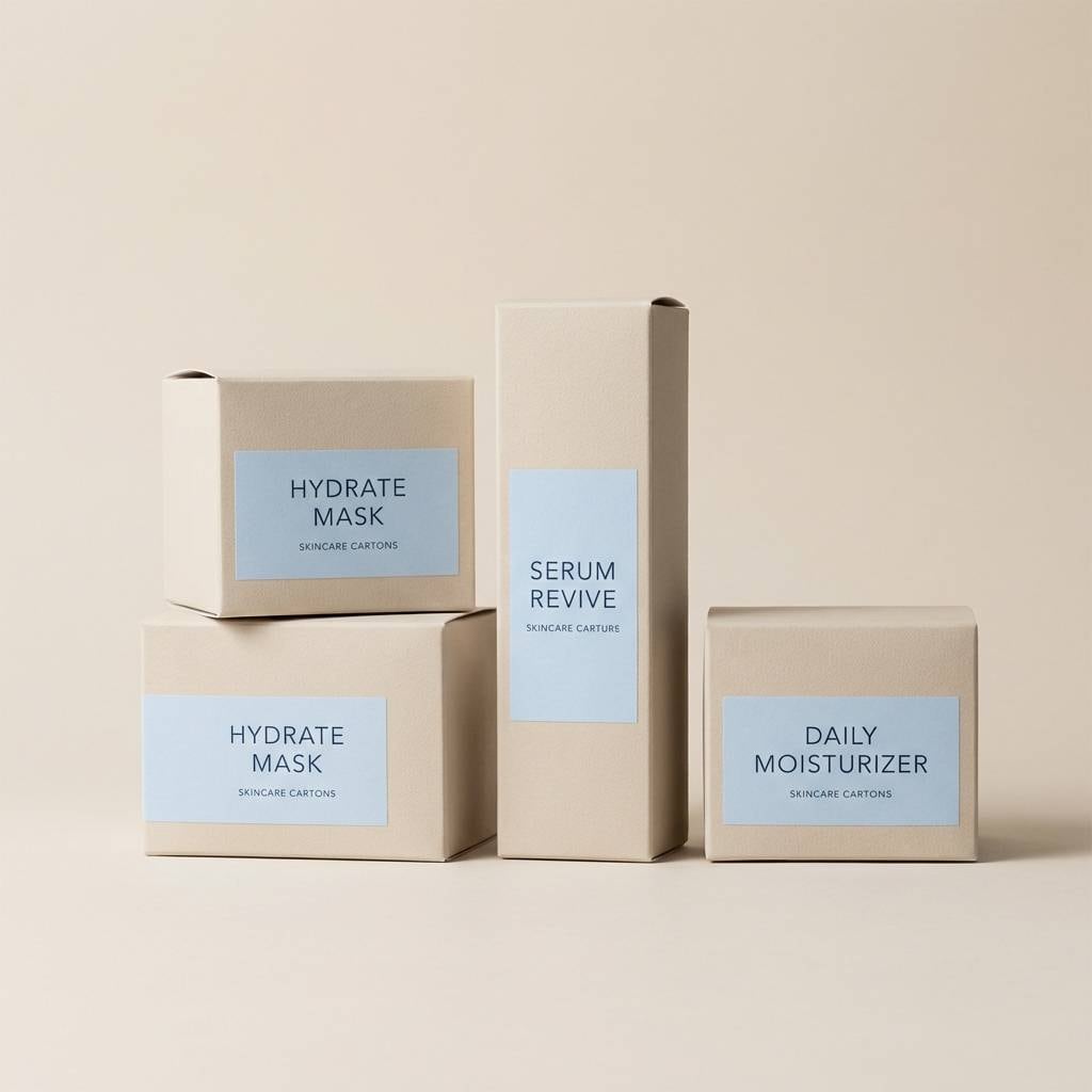 skincare packaging in beige and blue