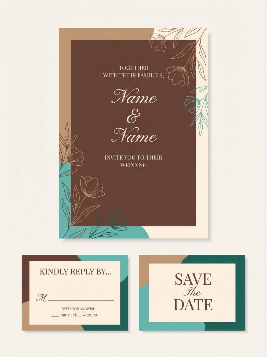 brown turqoise color wedding invitation suite