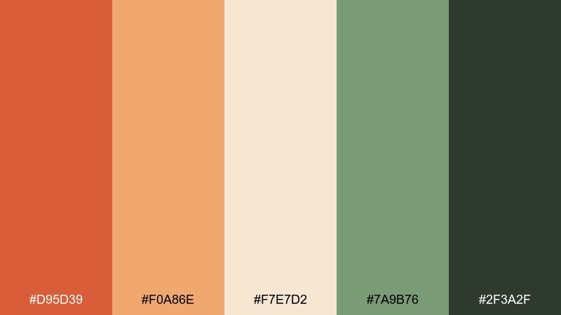 burnt sienna and sage color palette with hex codes