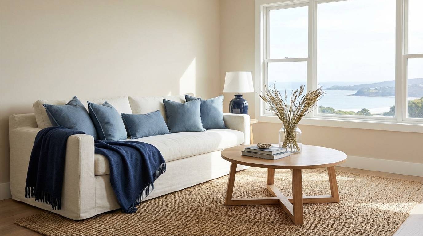 coastal living room in beige blue