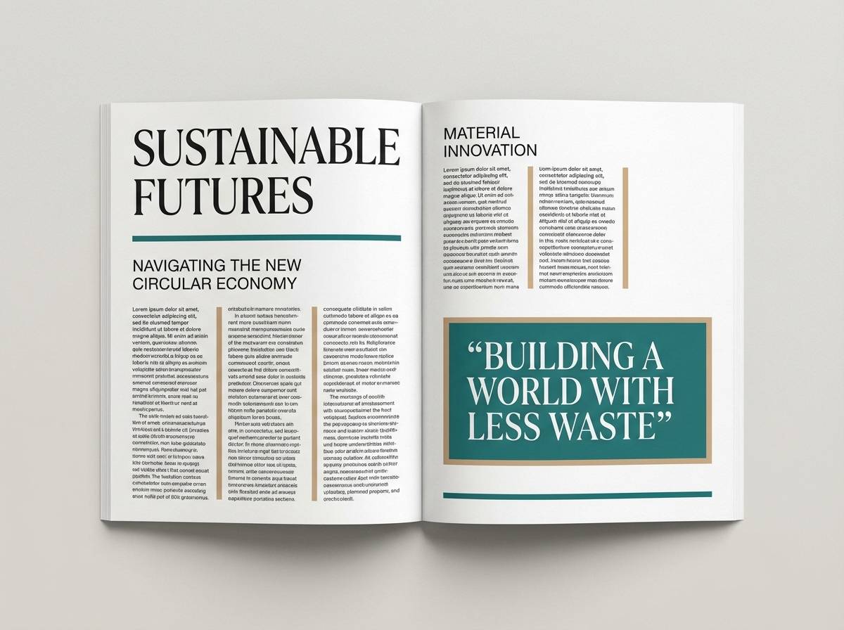 blue green brown editorial spread layout