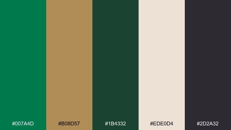 evergreen and brass color palette with hex codes