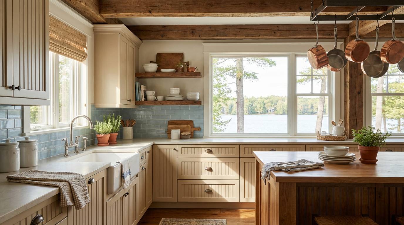 cozy kitchen in beige and blue