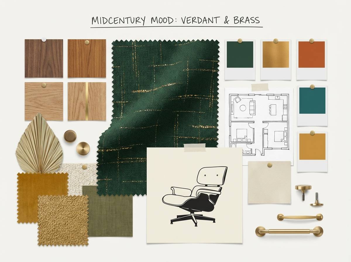 midcentury moodboard in green and gold