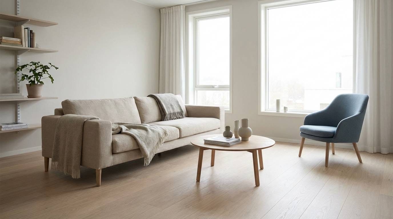 scandinavian living room in muted tones