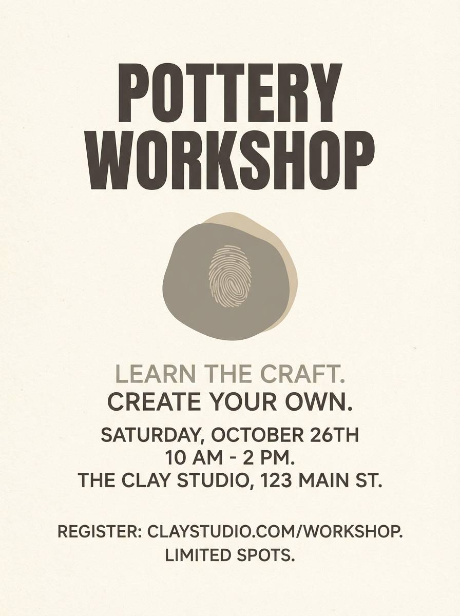 minimal pottery workshop flyer