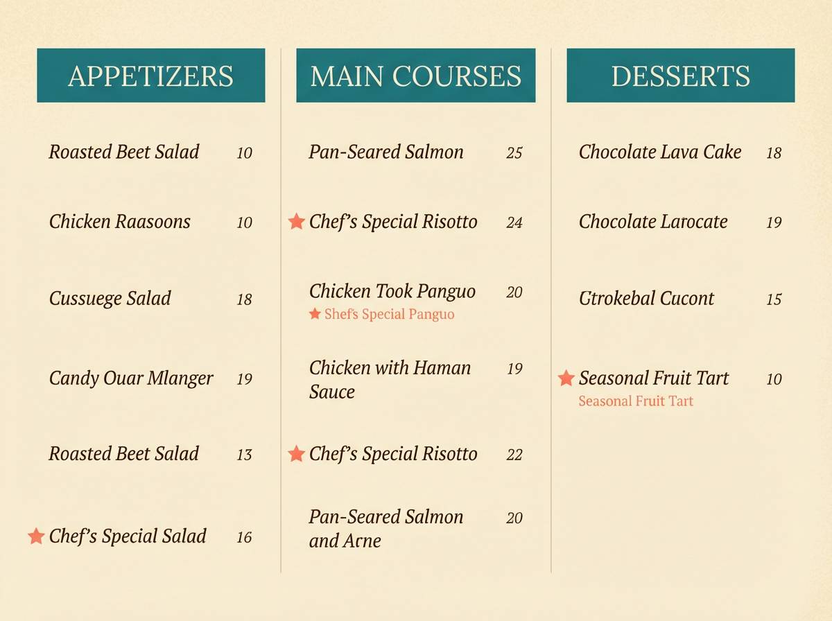 menu layout in teal coral