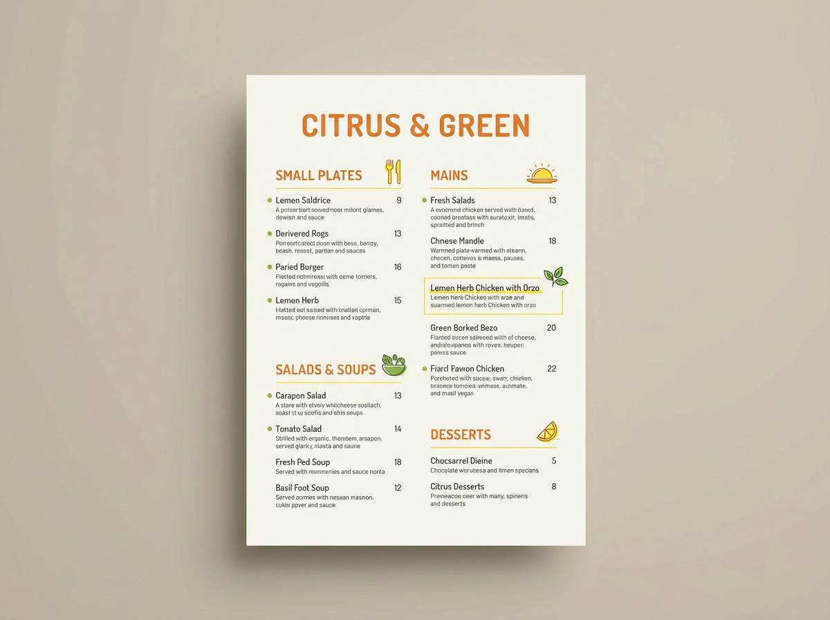 restaurant menu insert