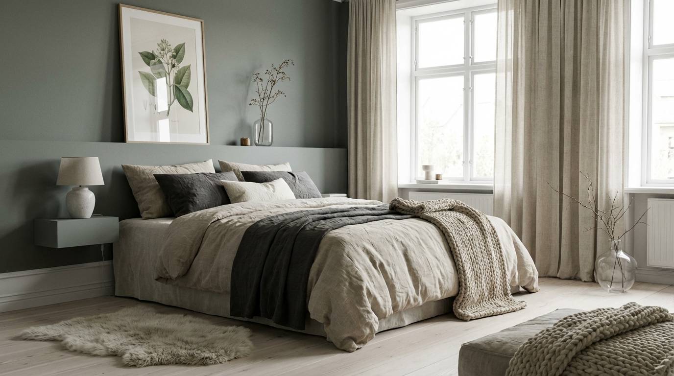 scandi bedroom with linen tones