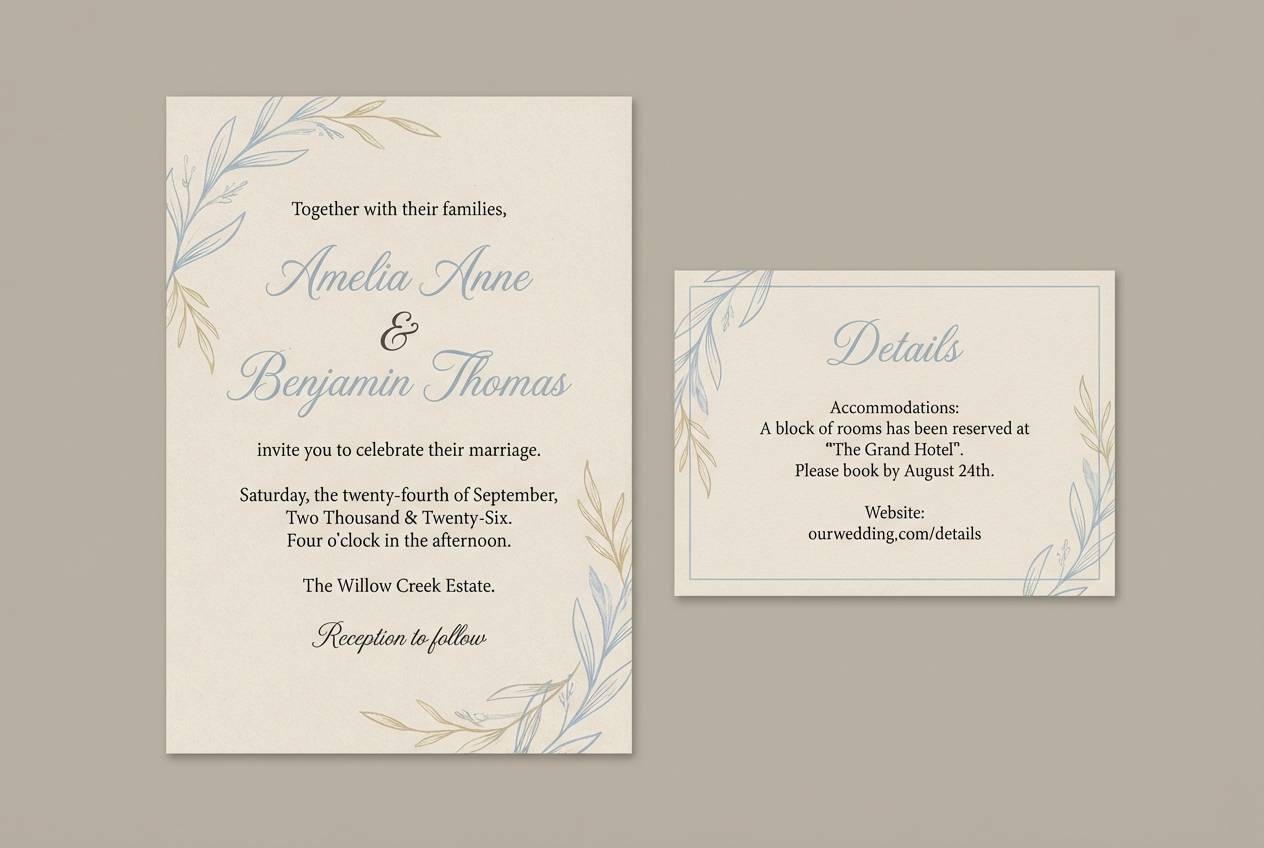 wedding invitation in beige and blue