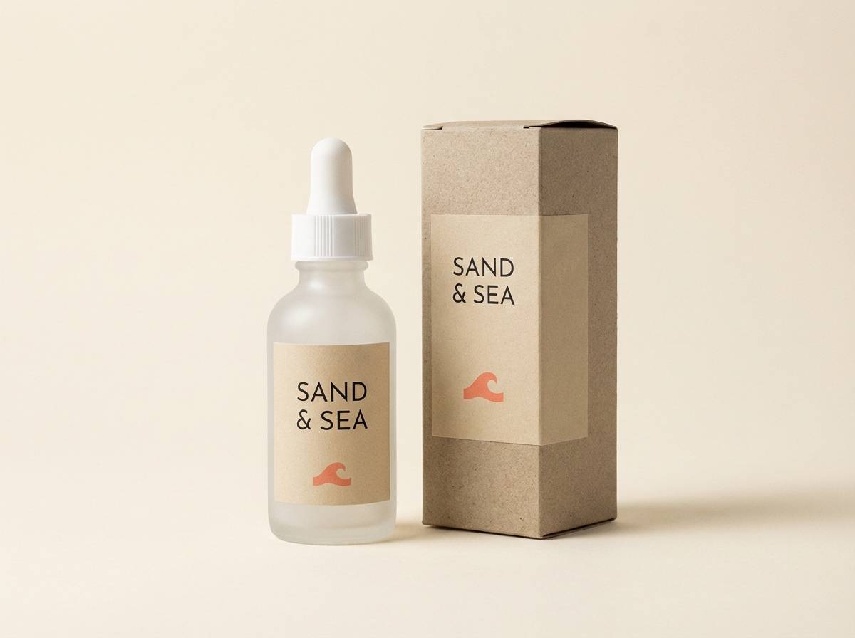 skincare packaging in beige and coral