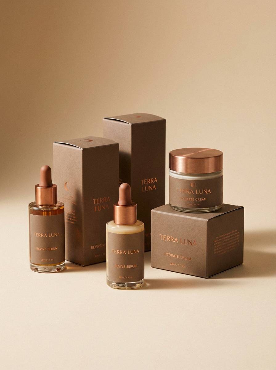 skincare packaging in warm browns