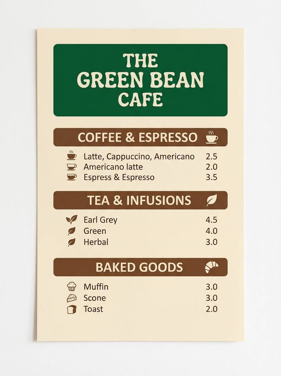 cozy cafe menu in green