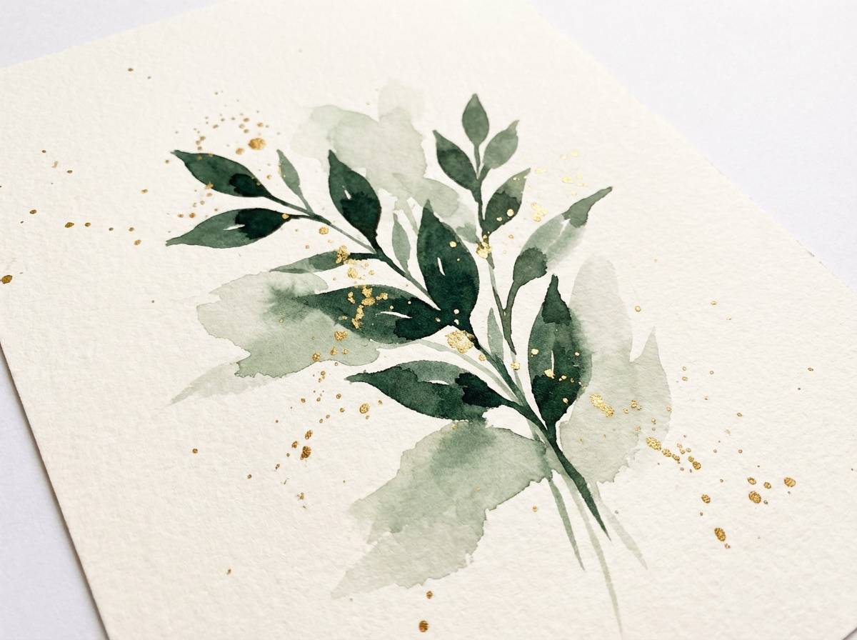watercolor leaves with gold accents