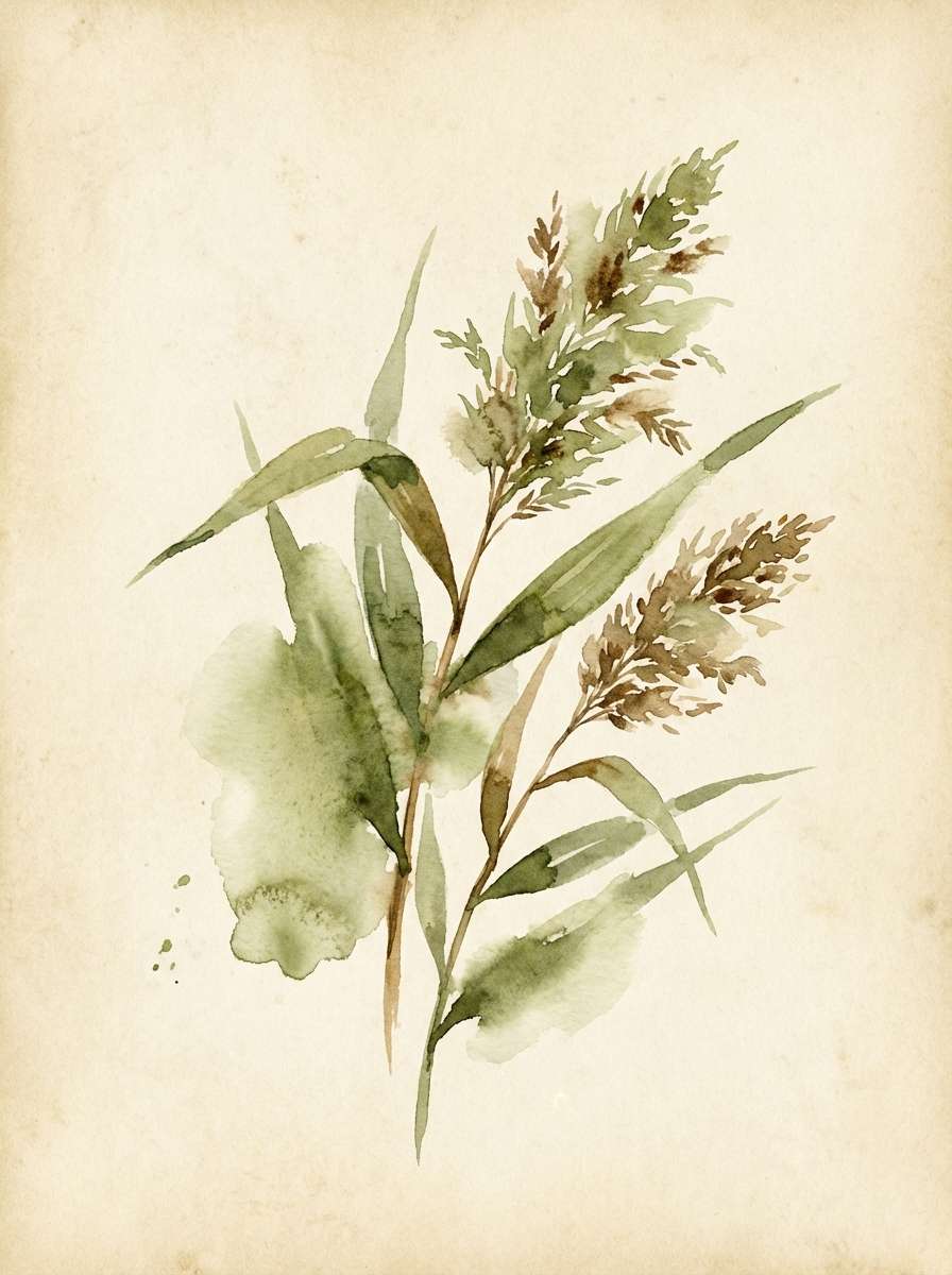 watercolor reeds in olive tones