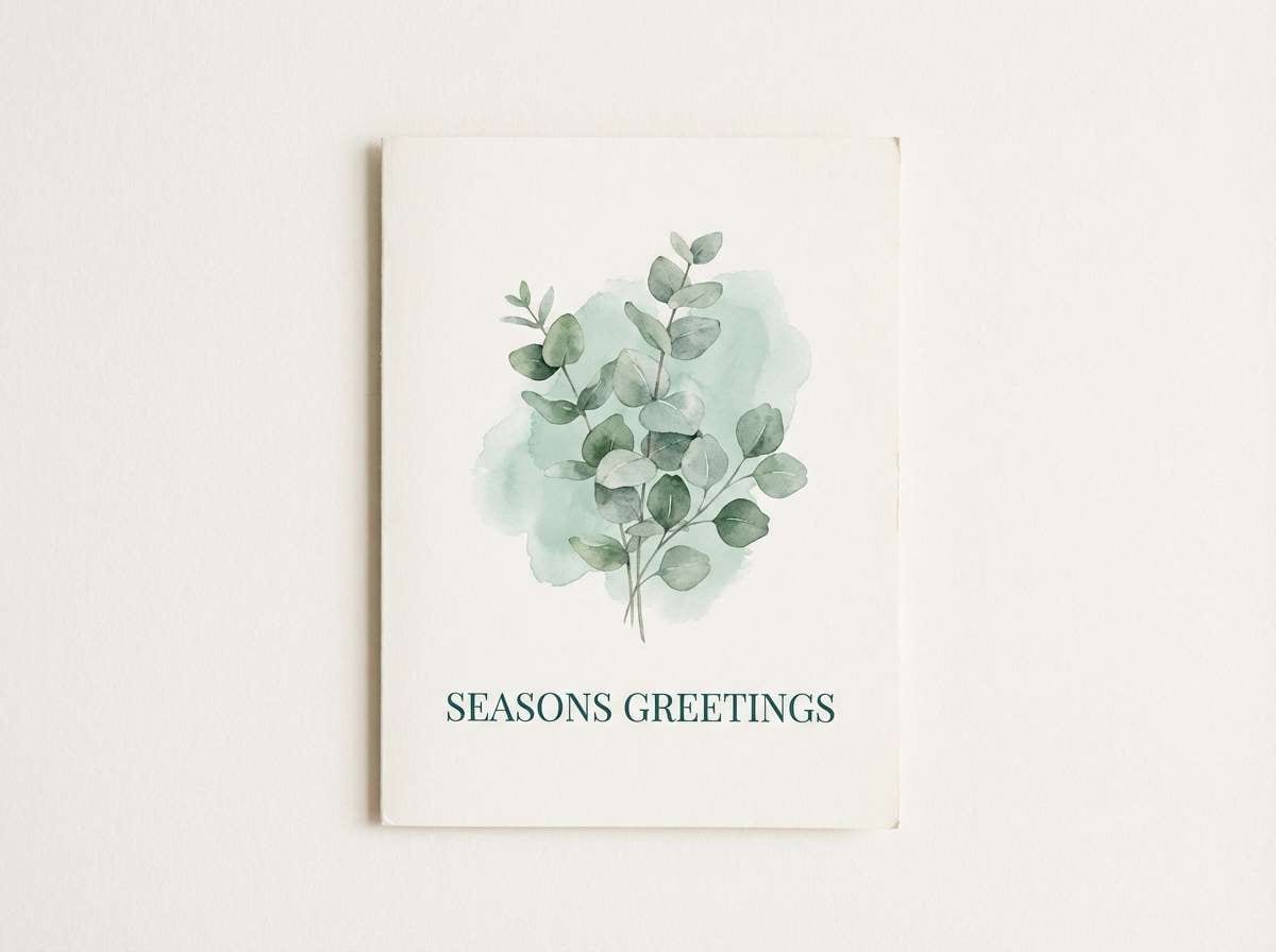 holiday card with eucalyptus greens