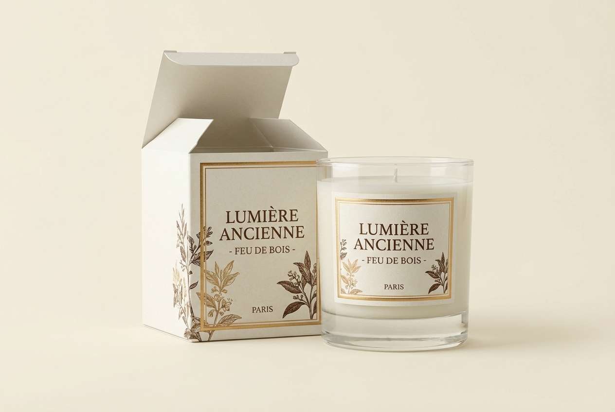 luxury candle packaging in warm golds