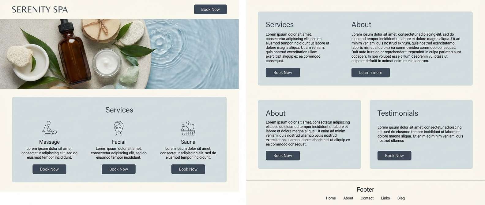 spa homepage ui in cool neutrals