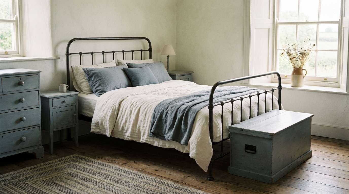farmhouse bedroom with blue gray accents