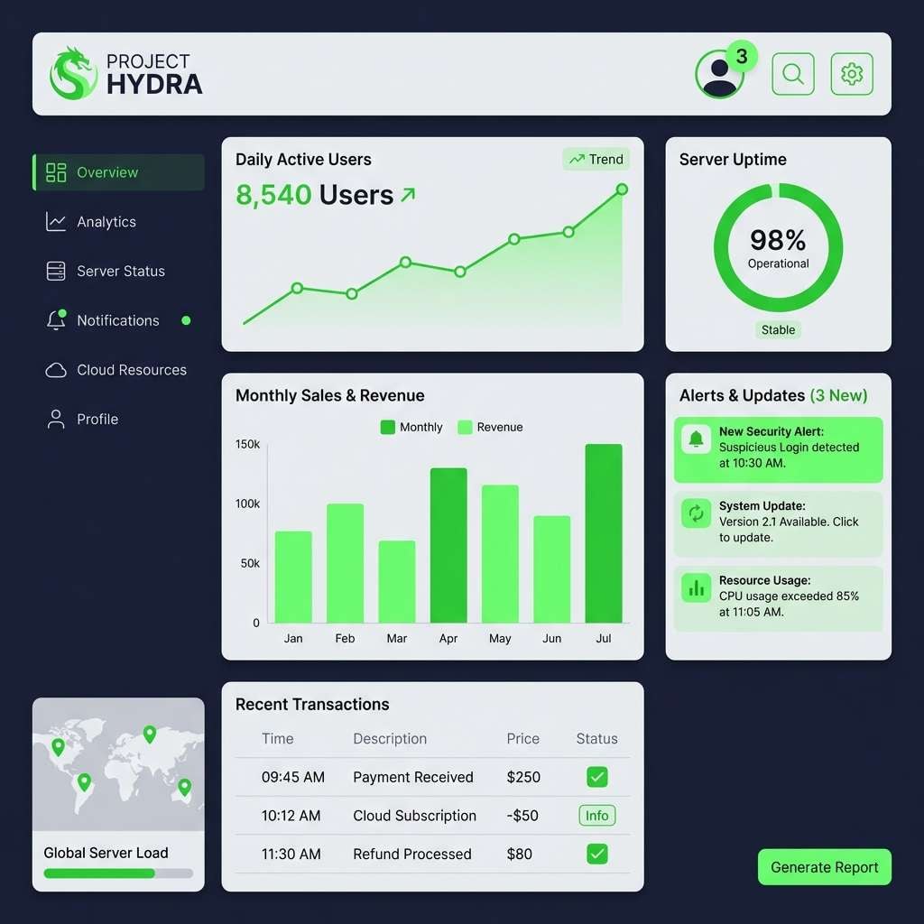 dark dashboard with green accents