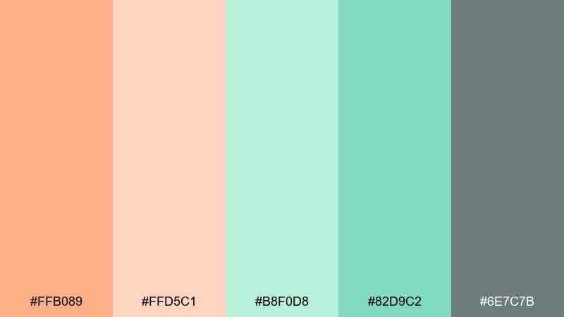 apricot breeze peach mint color palette with hex codes