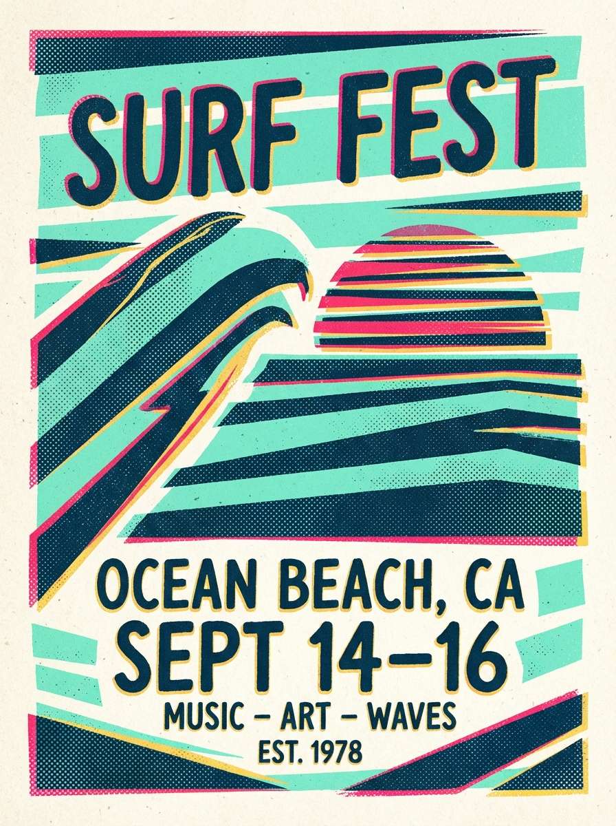retro festival poster design wwith aquamarine color tones