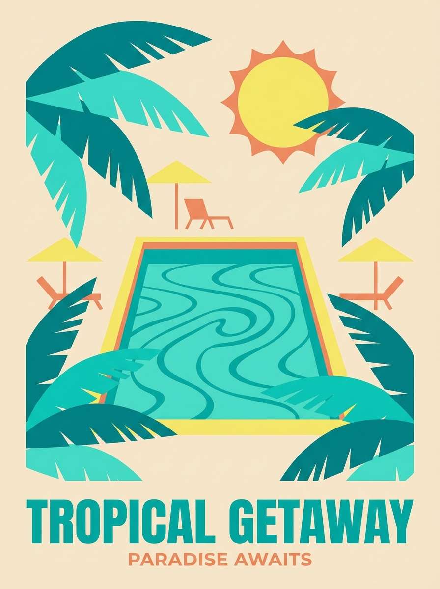 tropical travel poster graphic in aquamarine color scheme