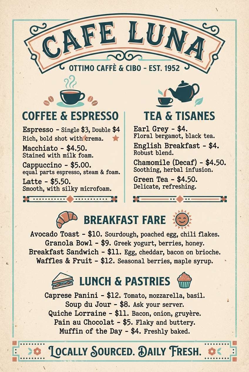 retro cafe menu design with aquamarine accents