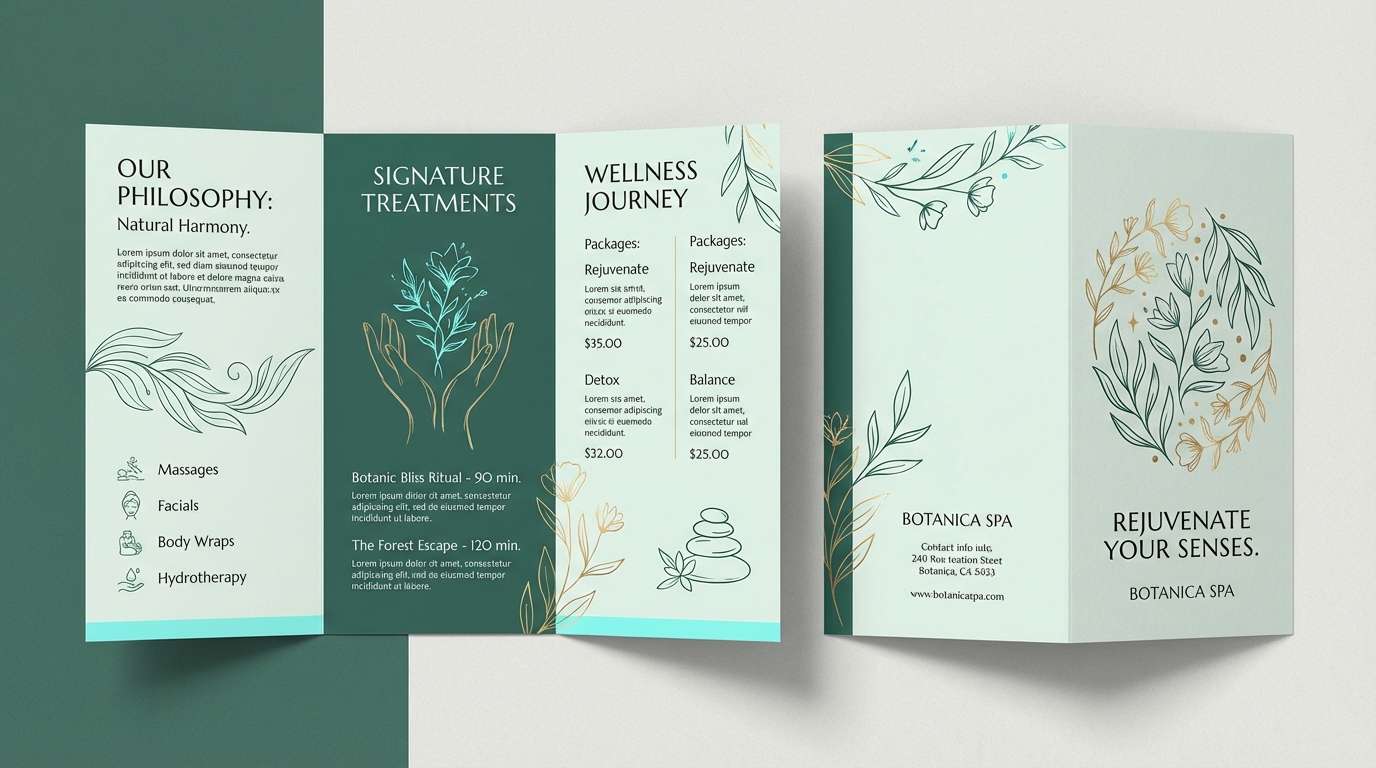 spa brochure layout design using aquamarine color palette