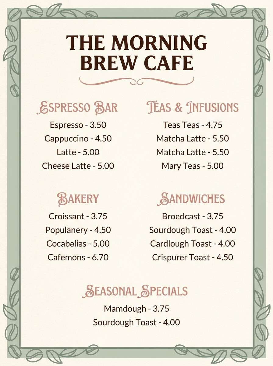 blush cafe menu design