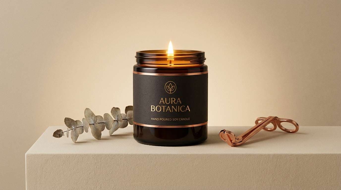 candle ad with brass tones