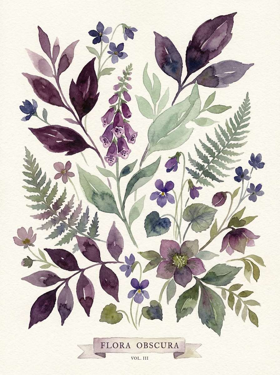 botanical watercolor in aubergine