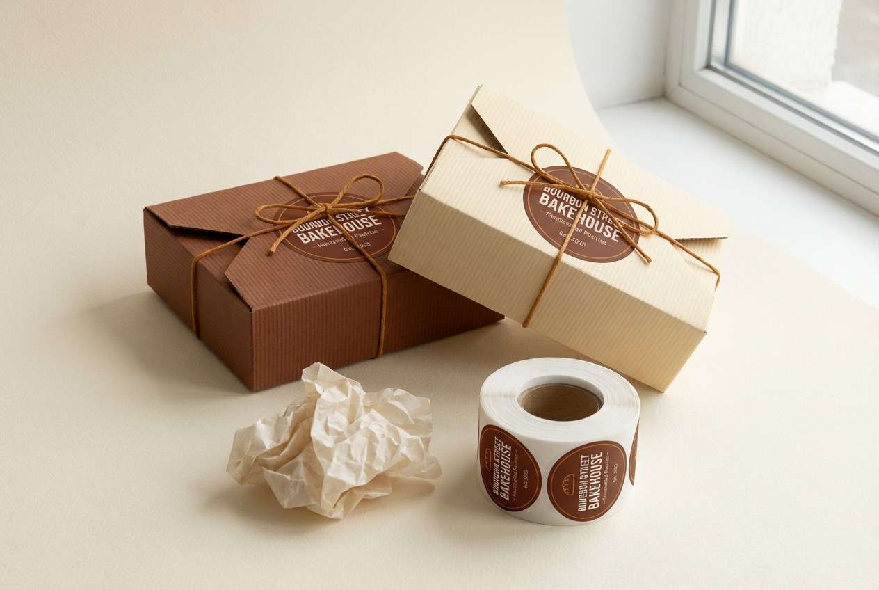 bakery packaging in chestnut and cream