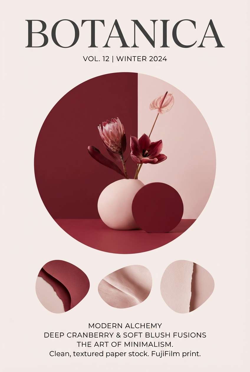 moody magazine cover in cranberry tones