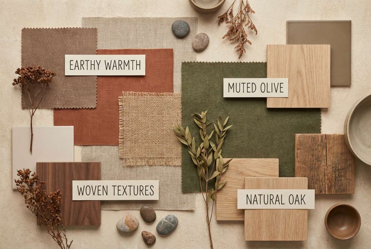 earthy interior mood board with browns