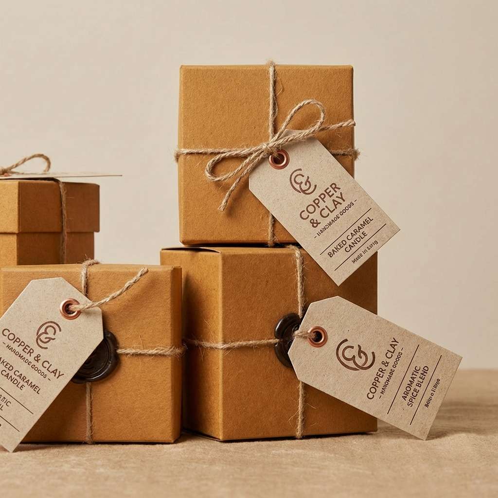 handmade tags in copper and beige