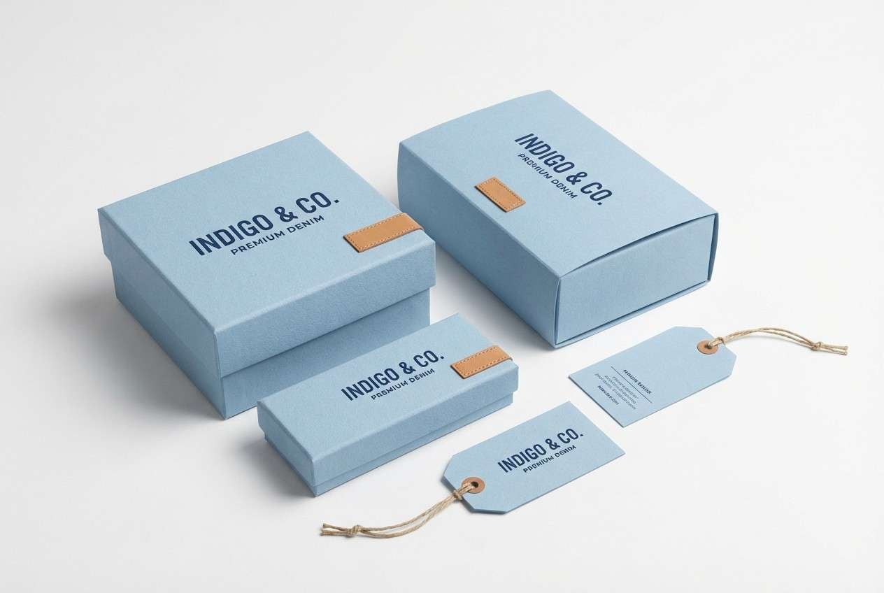 denim packaging with hang tags
