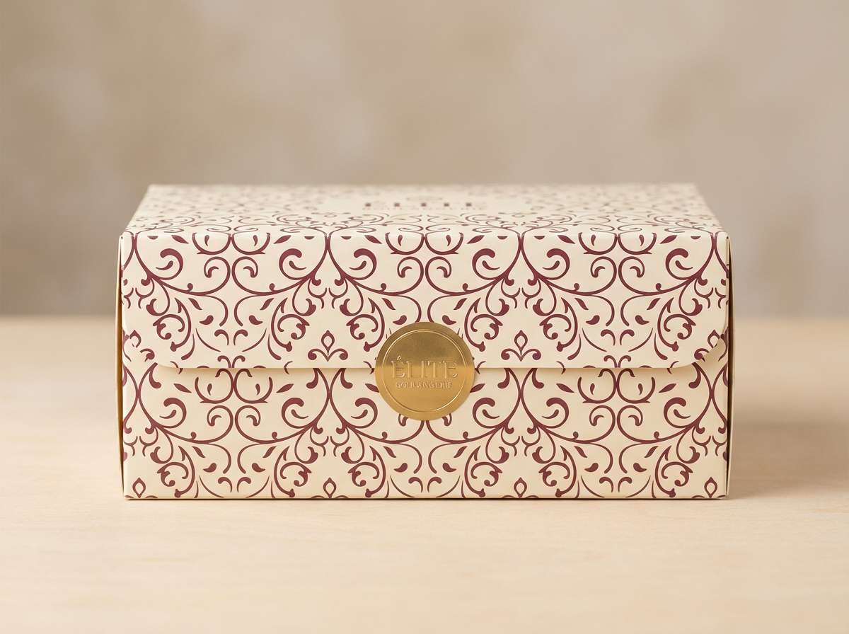 bakery box packaging mockup in maroon and gold tones
