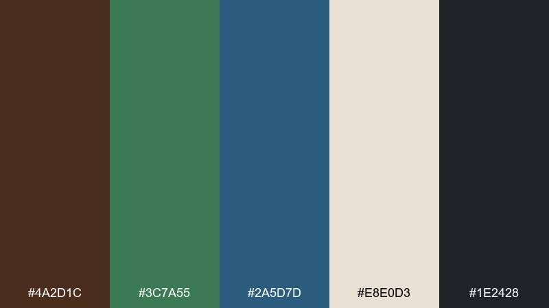 bark and bay brown green blue color palette with hex codes