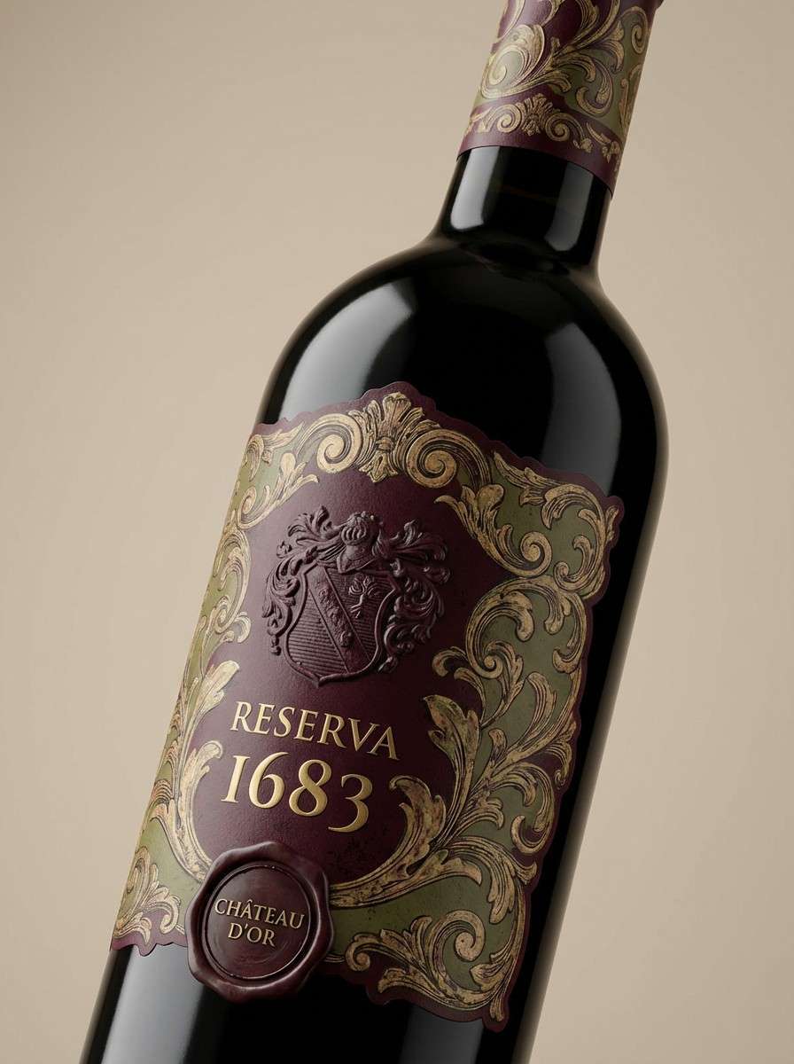 embossed wine label in burgundy gold