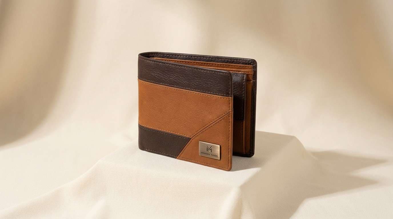leather wallet ad in warm browns