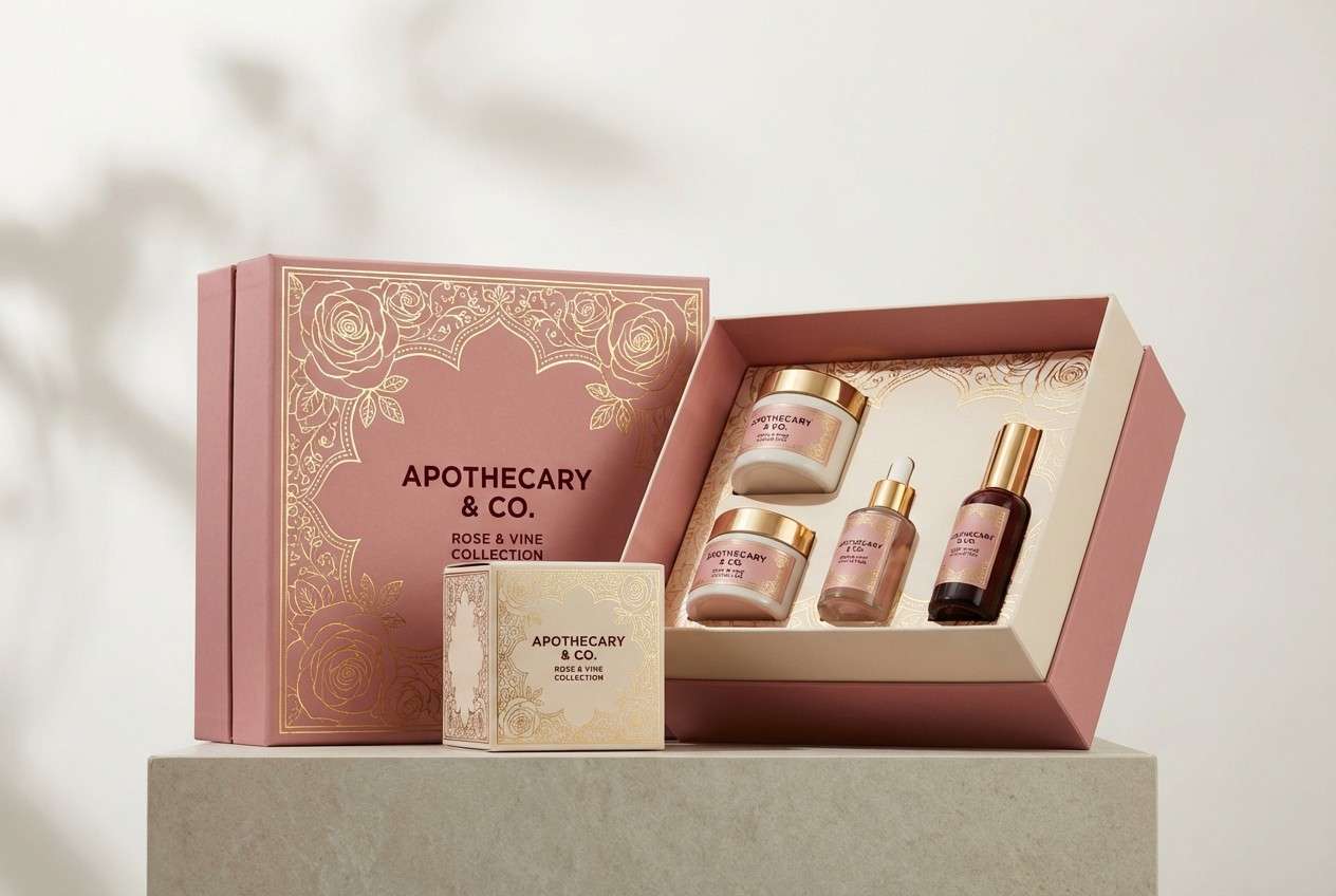 beauty packaging in rose and gold