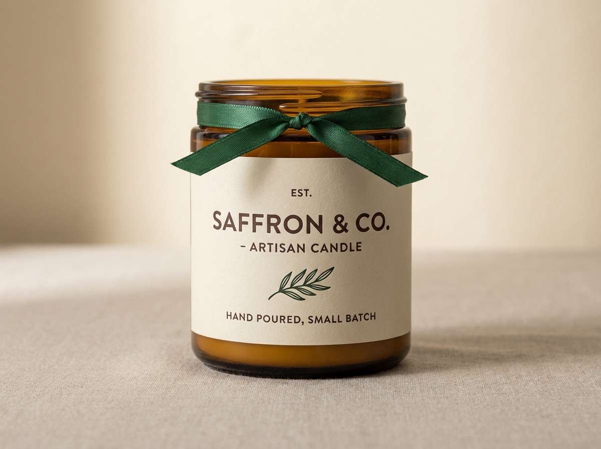 candle packaging in saffron and cream