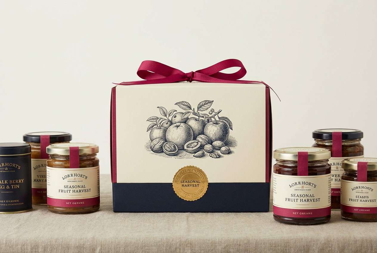 gourmet packaging in crimson and cream