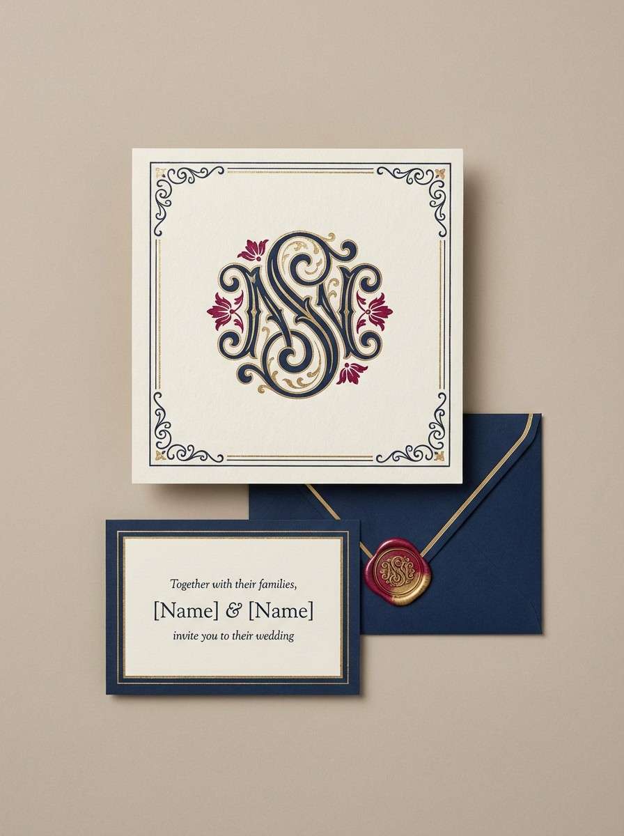 ornate invitation in navy crimson gold